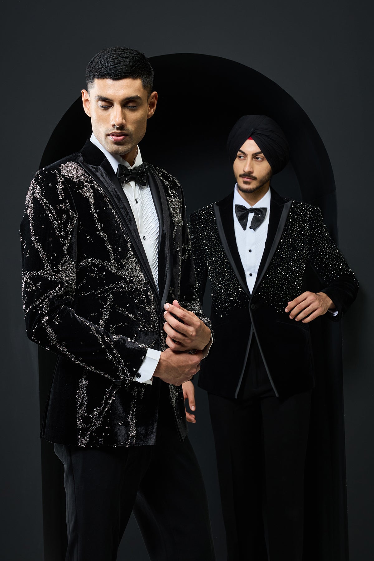 Black tuxedo highlighted with sequins, pearls and cutdana