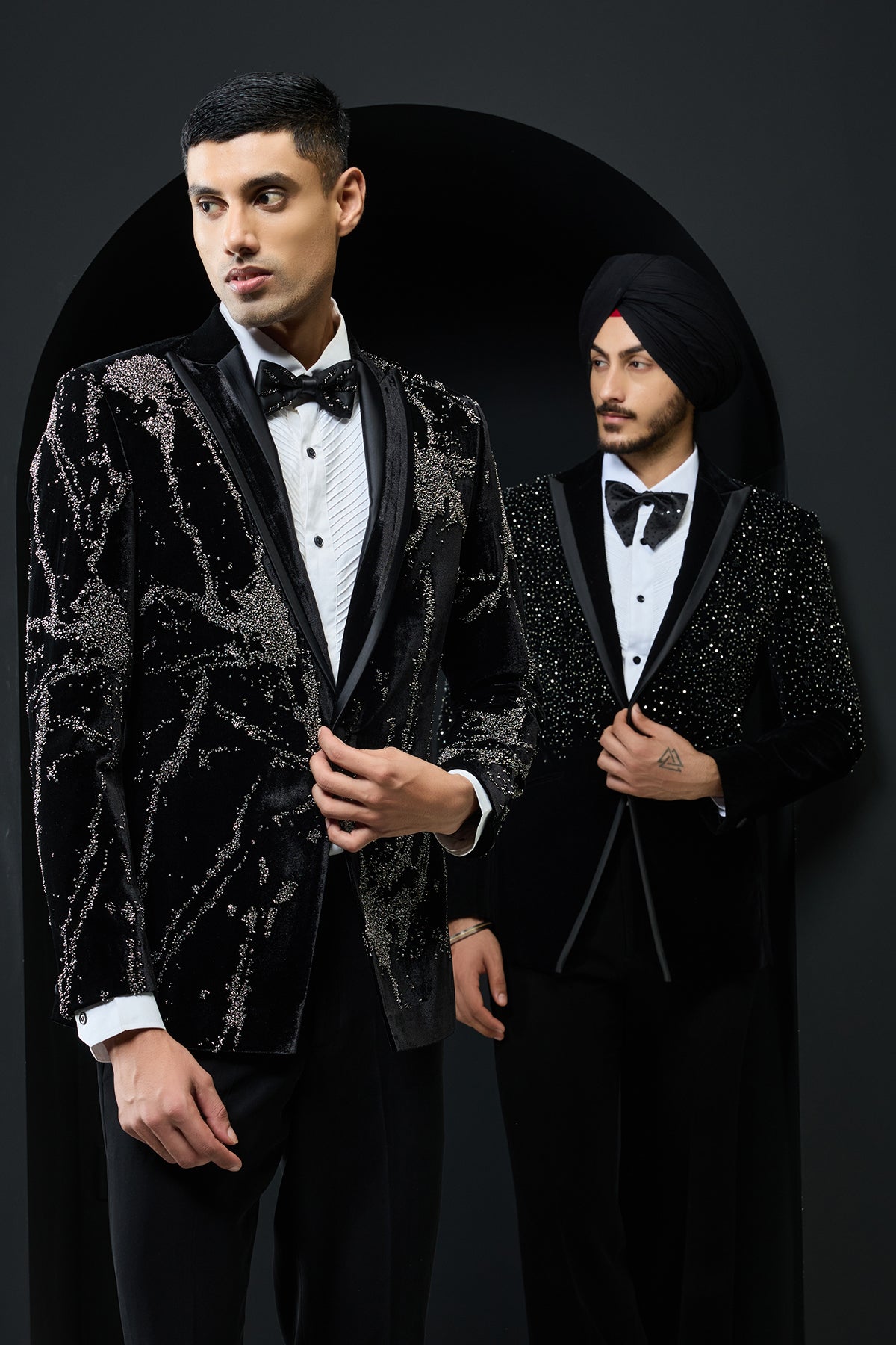 Black tuxedo highlighted with sequins, pearls and cutdana