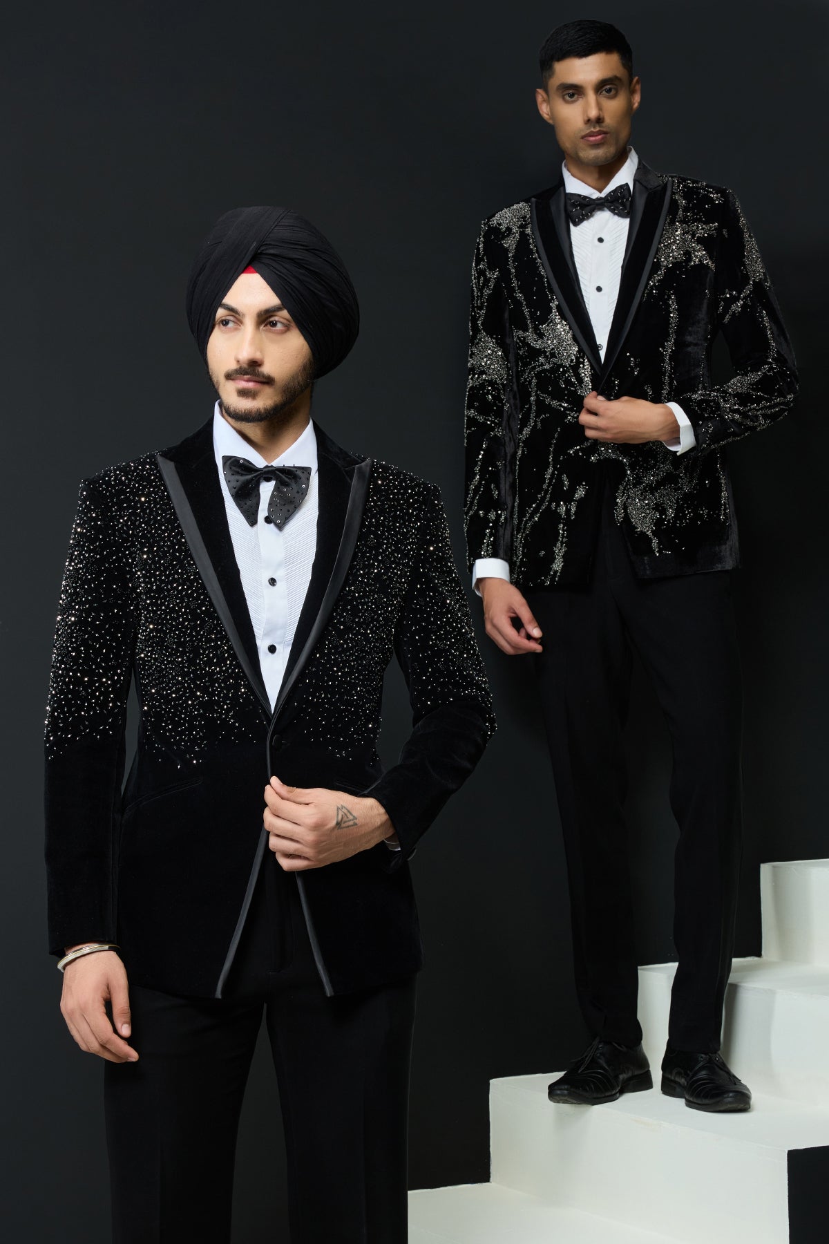 Black tuxedo highlighted with sequins, pearls and cutdana