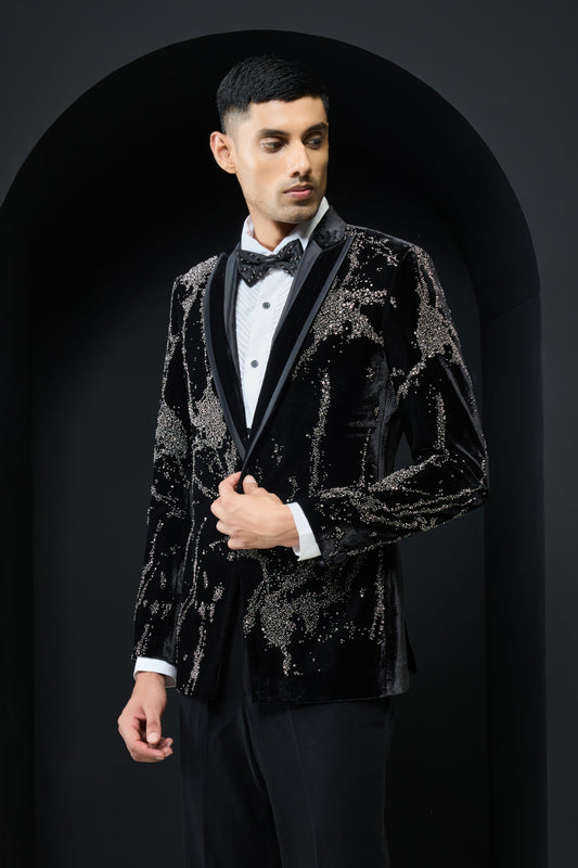 Black tuxedo highlighted with sequins, pearls and cutdana