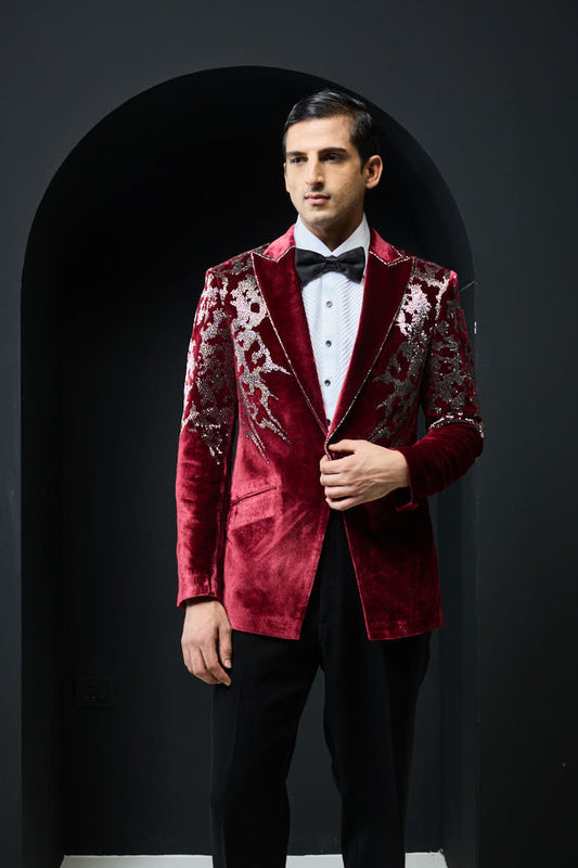 Wine tuxedo highlighted with cutdana