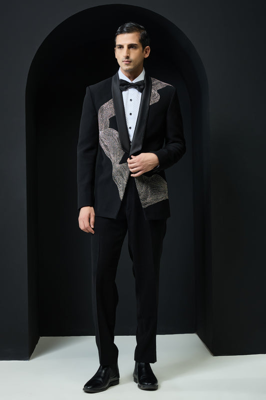 Black tuxedo highlighted with silver zari , cutdana and peals