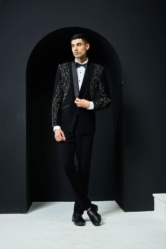 Black tuxedo highlighted with pearls and cutdana