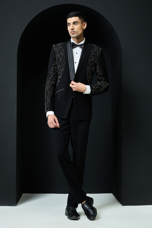 Black tuxedo highlighted with pearls and cutdana