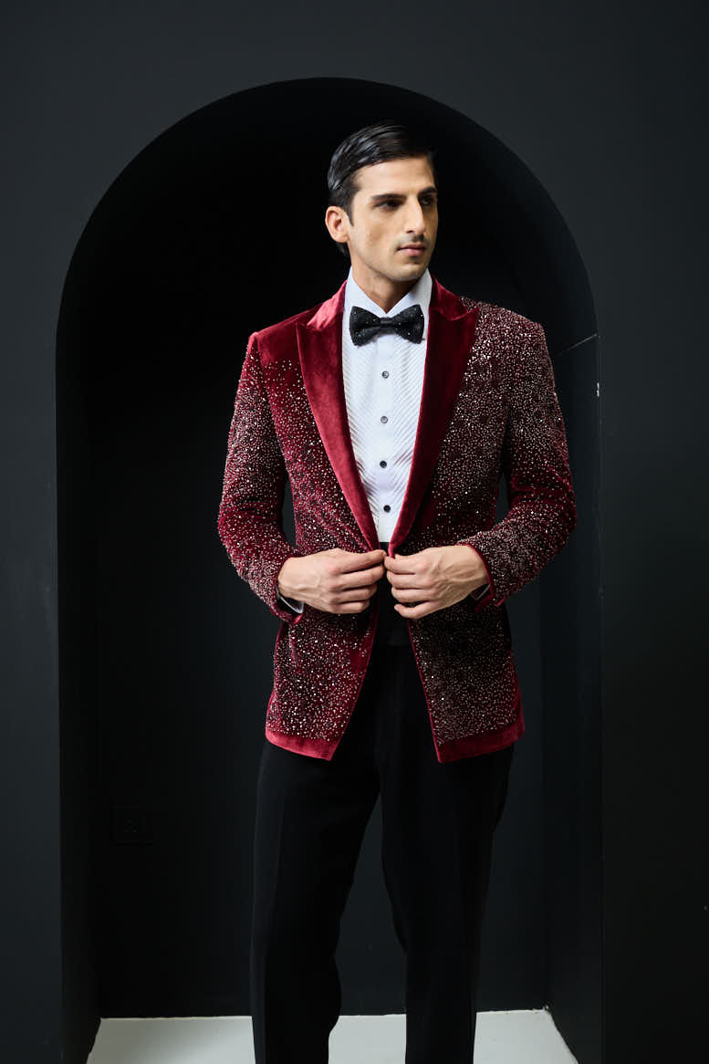 Wine tuxedo highlighted with pearls and square crystal beads
