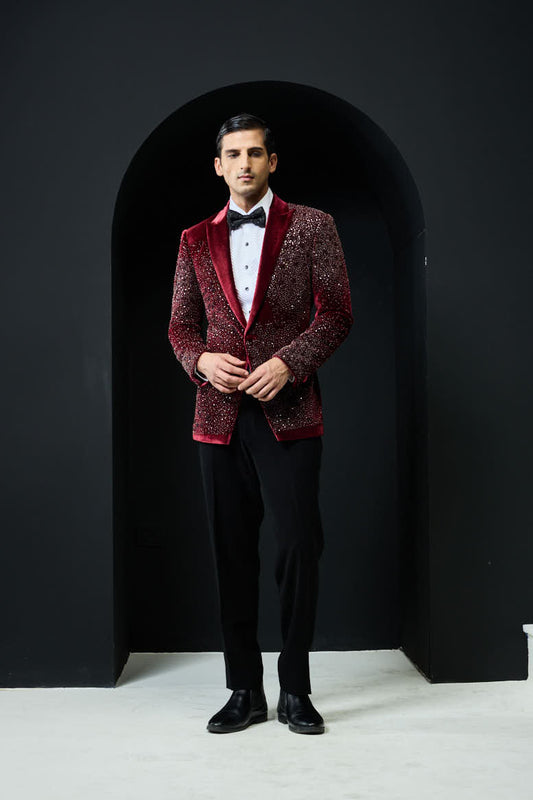 Wine tuxedo highlighted with pearls and square crystal beads