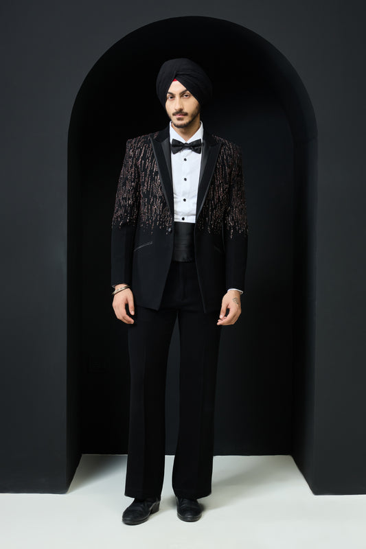 Black tuxedo highlighted with pearls, sequins and thread work