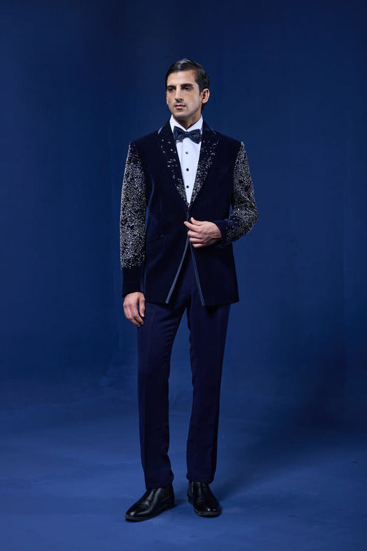 Navy Blue tuxedo highlighted with pearls and sequins