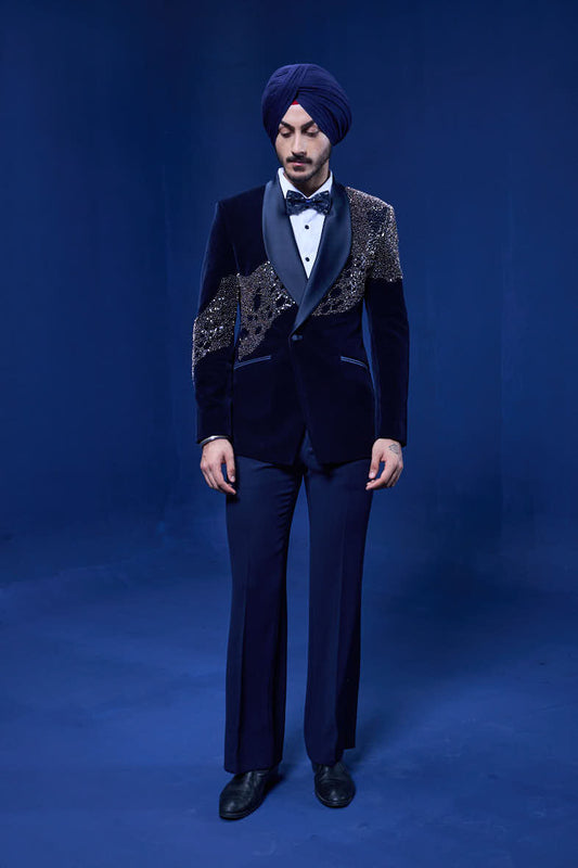 Navy Blue tuxedo highlighted with pearls, sequins, cutdana and thread work