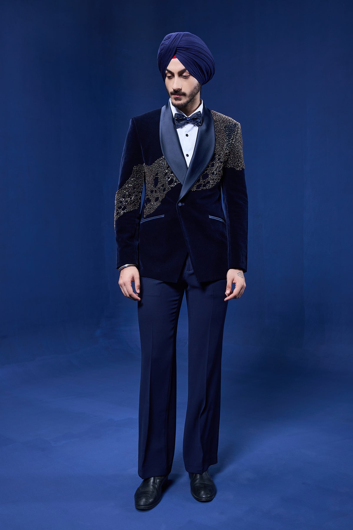Navy Blue tuxedo highlighted with pearls, sequins, cutdana and thread work