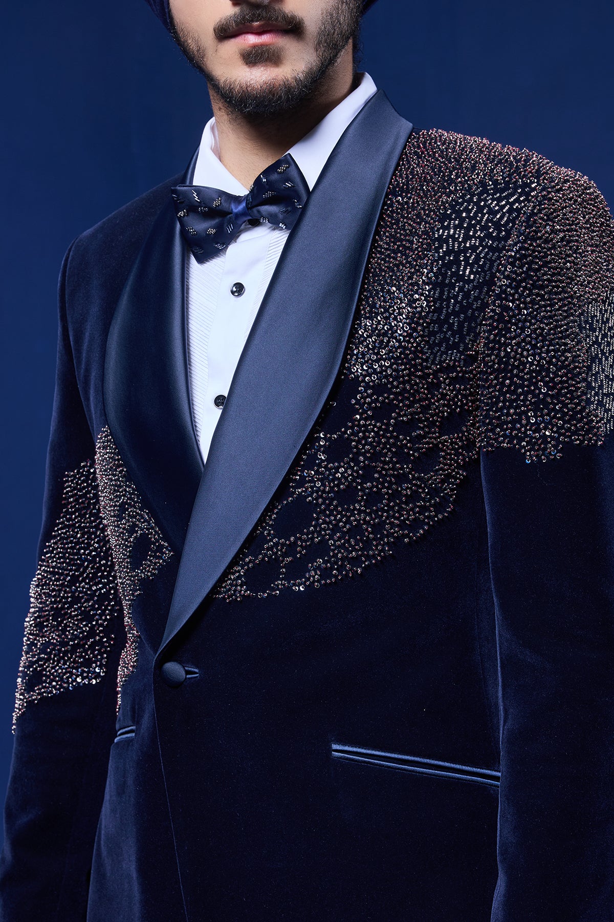 Navy Blue tuxedo highlighted with pearls, sequins, cutdana and thread work