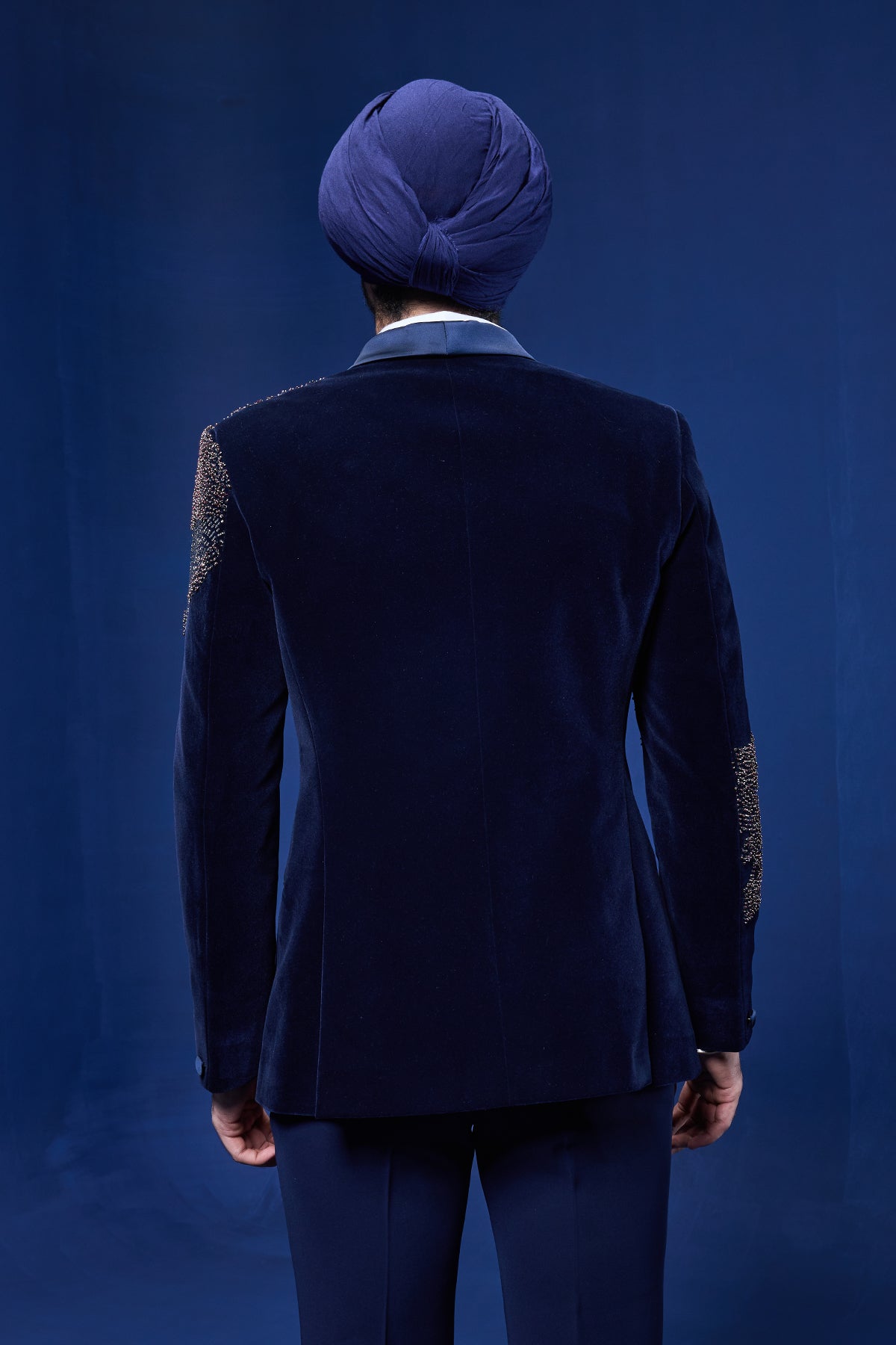 Navy Blue tuxedo highlighted with pearls, sequins, cutdana and thread work