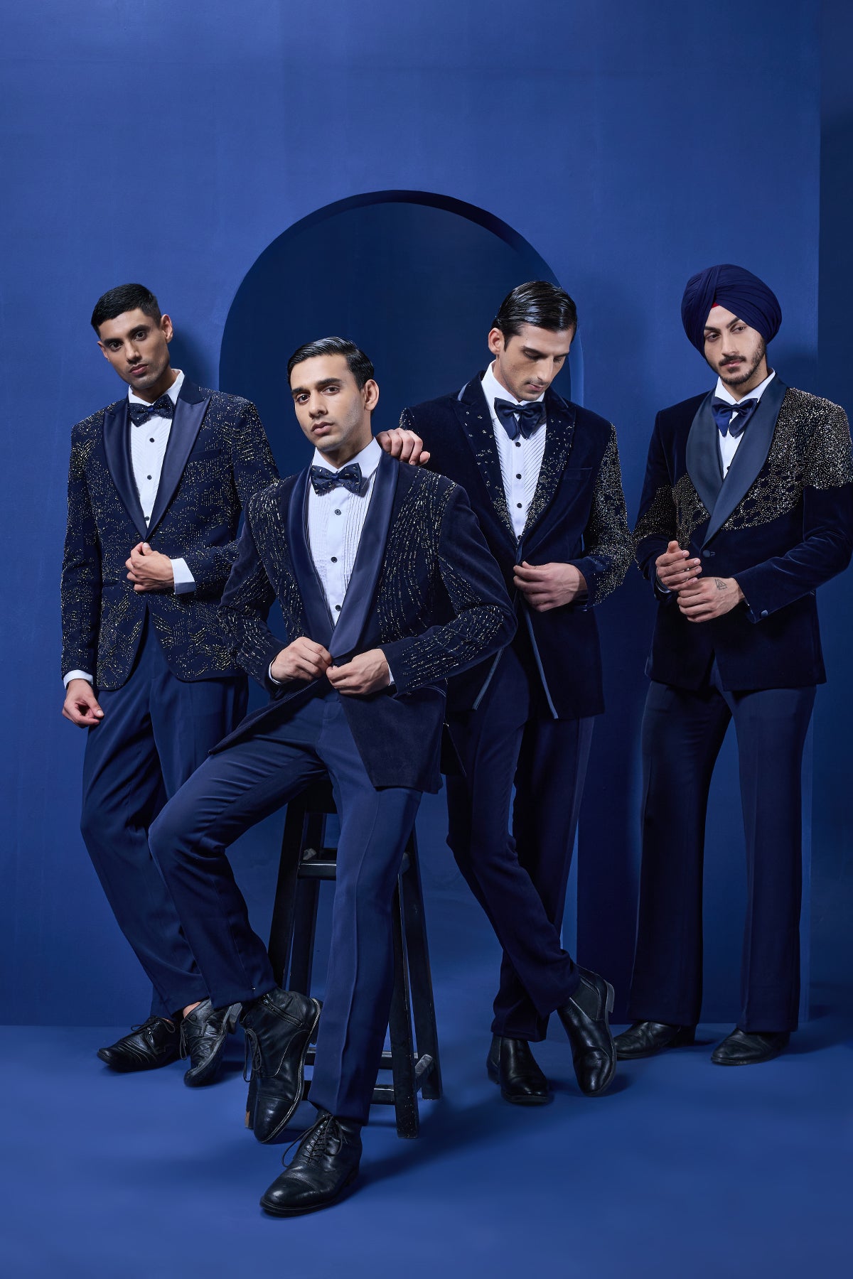 Navy Blue tuxedo highlighted with pearls, sequins, cutdana and thread work