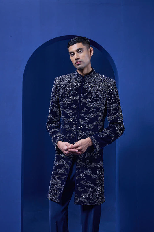 Navy blue Indo Western highlighted with silver zari, sequins,pearl and cutdana