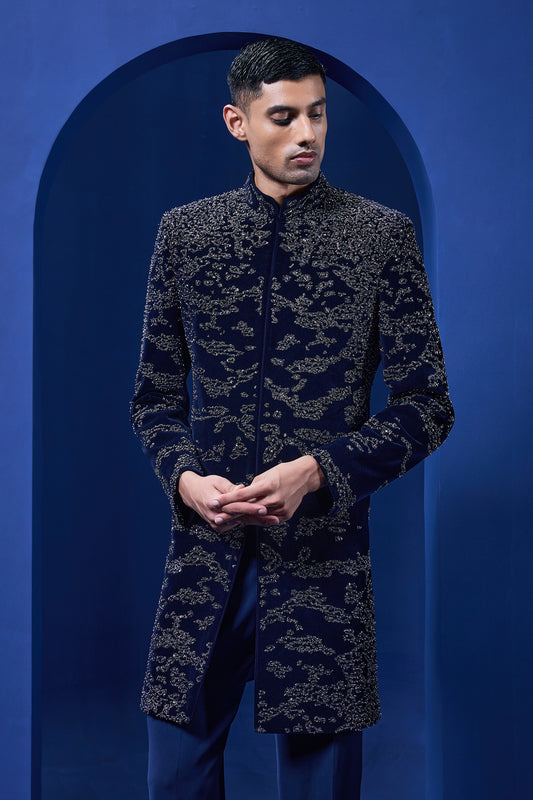 Navy blue Indo Western highlighted with silver zari, sequins,pearl and cutdana