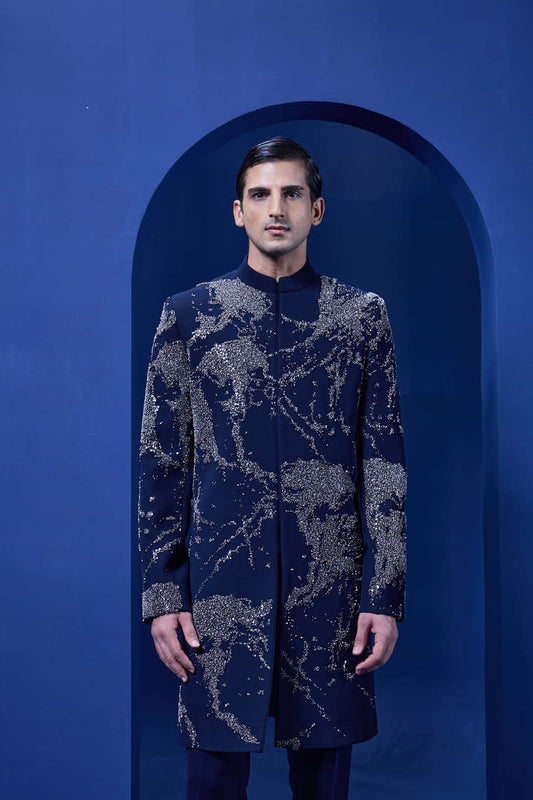Navy blue Indo Western highlighted with sequins,pearl and cutdana