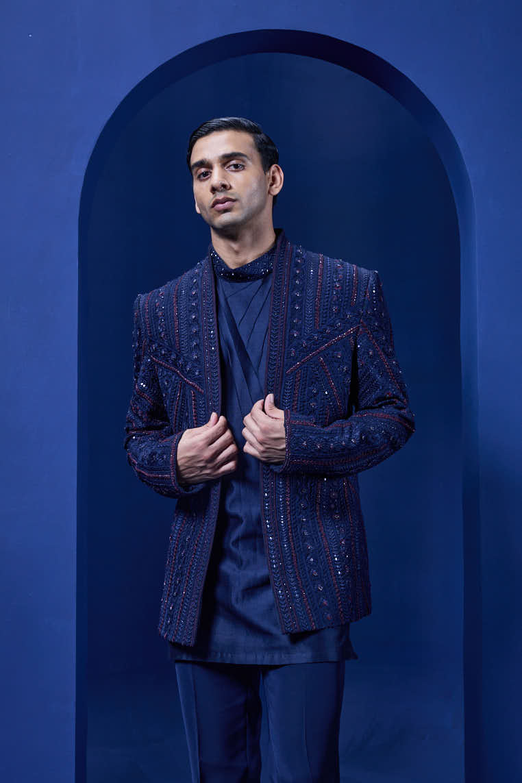 Navy Blue open bandhgala 
with thread,sequins & pearl
work