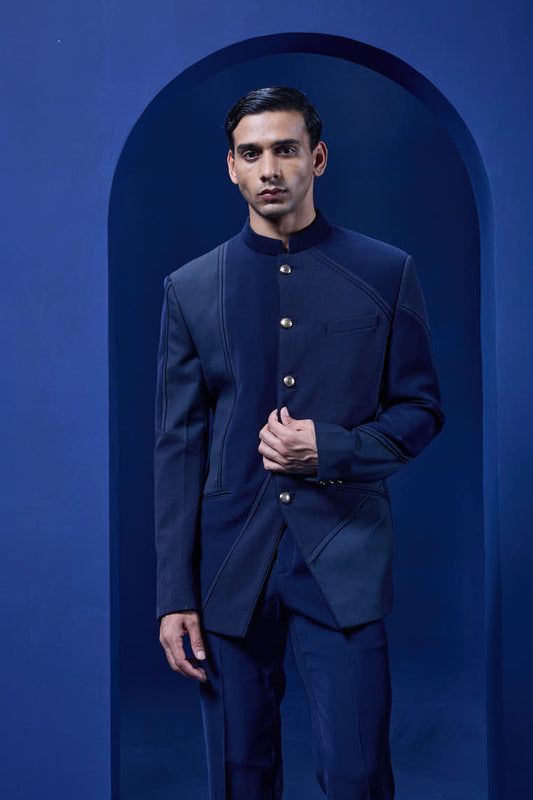 Navy blue bandhgala detailing with golden button