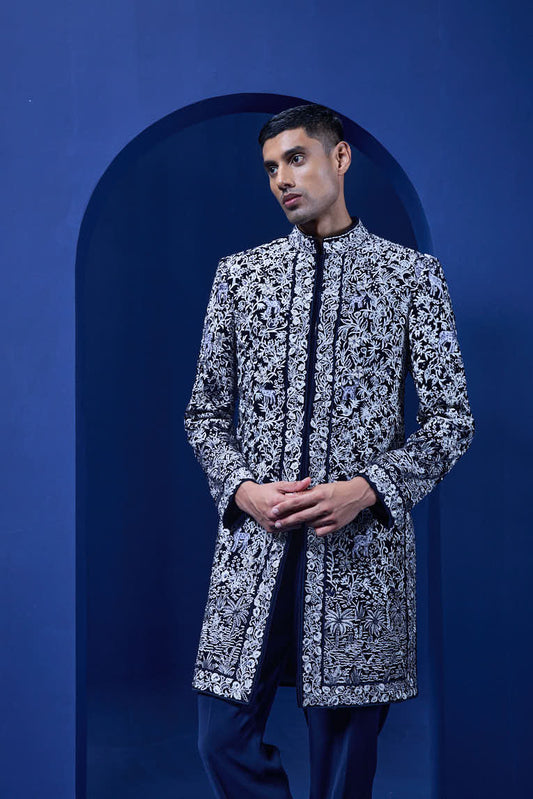 Navy blue Indo Western highlighted with sequins, pearls and thread work