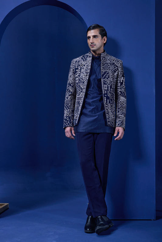 Navy Blue open bandhgala 
with thread,sequins & pearl
work