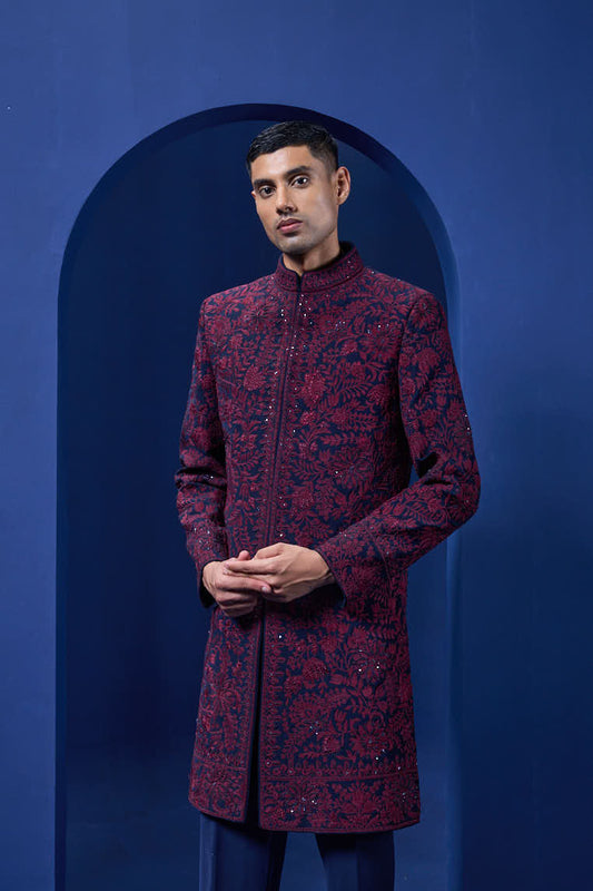 Navy blue Indo Western highlighted with sequins, pearls and wine thread work