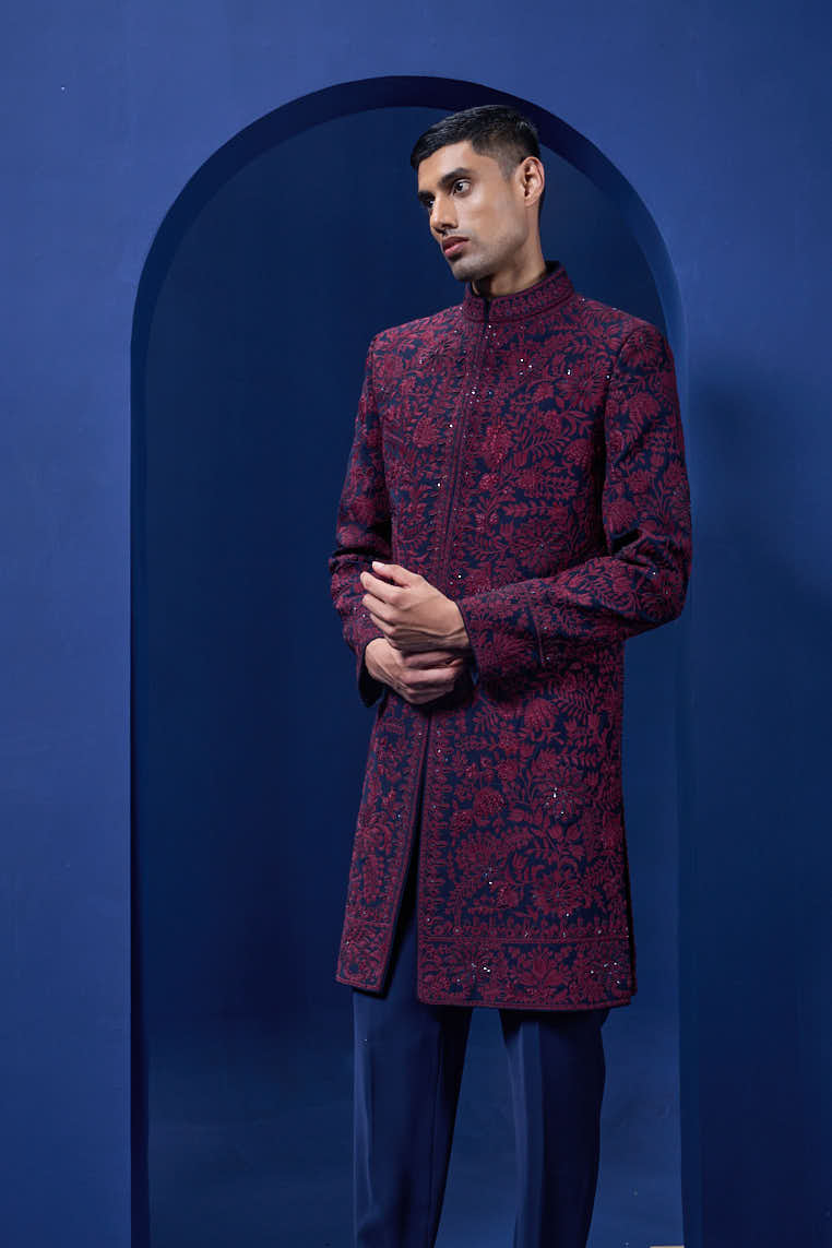 Navy blue Indo Western highlighted with sequins, pearls and wine thread work