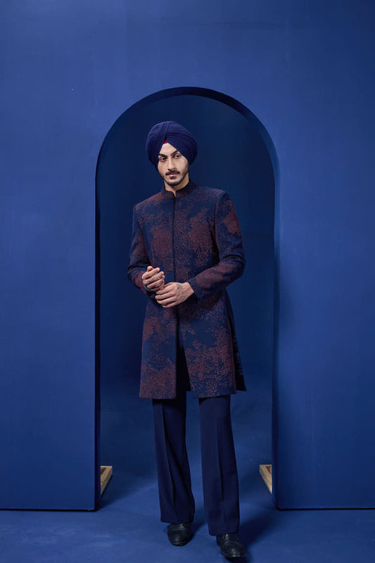 Navy blue indowestern detailing with thread work