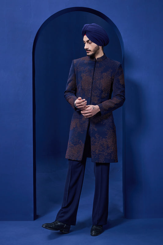 Navy blue indowestern detailing with thread work