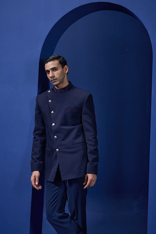 Navy Blue bandhgala detailing with golden button with side pintex