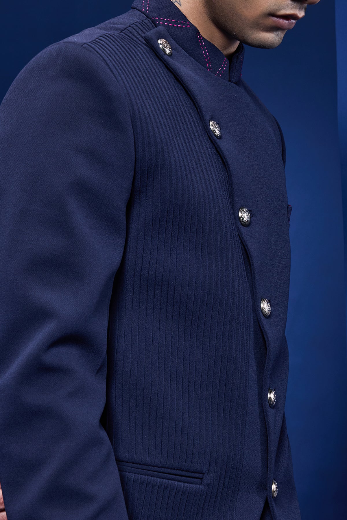 Navy Blue bandhgala detailing with golden button with side pintex