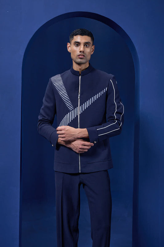 Navy blue jacket detailing with Aplic work and zipper