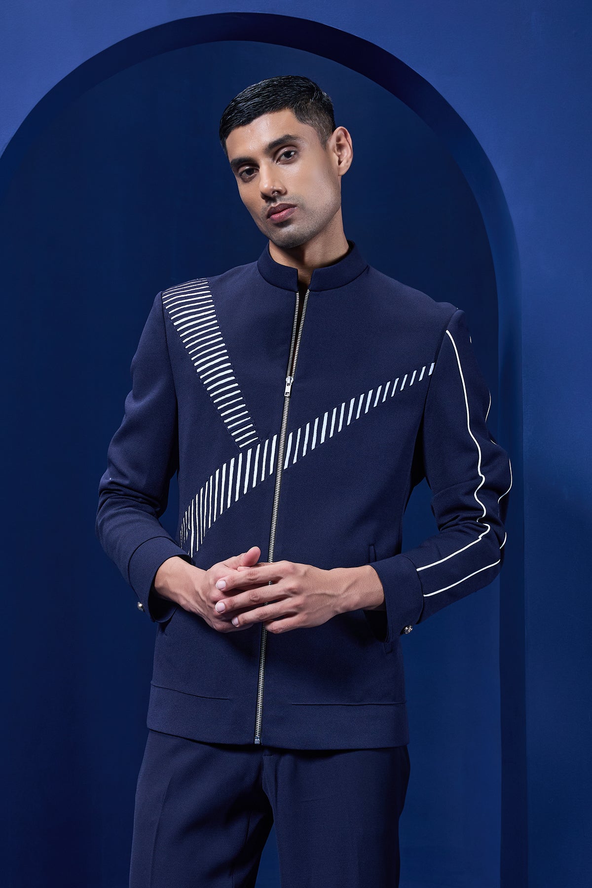 Navy blue jacket detailing with Aplic work and zipper