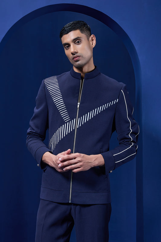 Navy blue jacket detailing with Aplic work and zipper