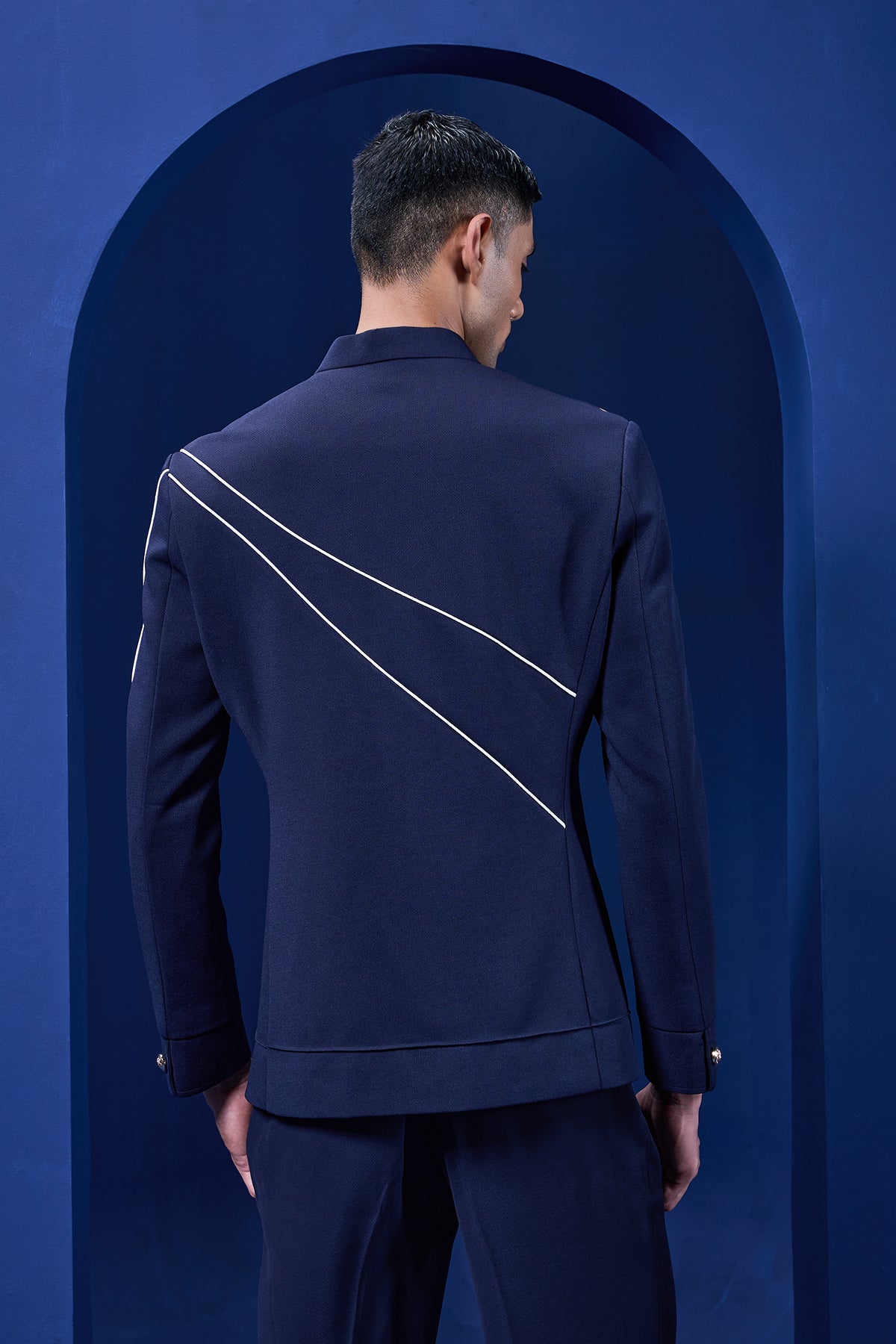 Navy blue jacket detailing with Aplic work and zipper