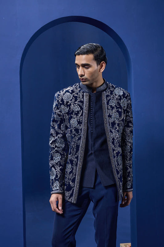 Navy Blue open bandhgala 
with silver zari , sequins & pearl
work