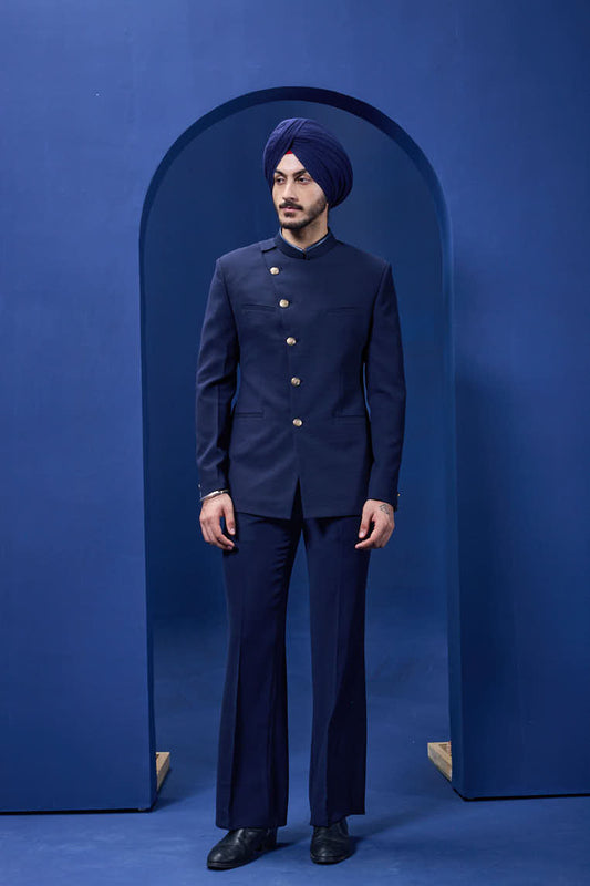 Navy blue bandhgala detailing with golden button satin taping