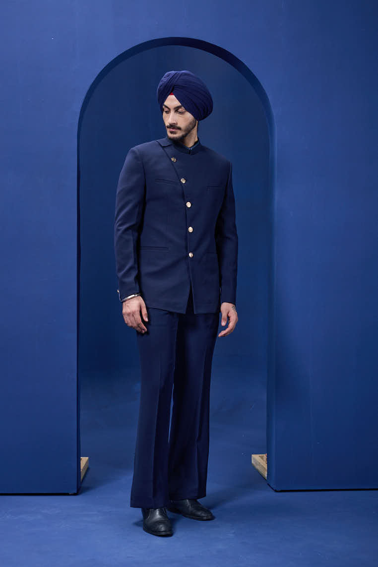 Navy blue bandhgala detailing with golden button satin taping