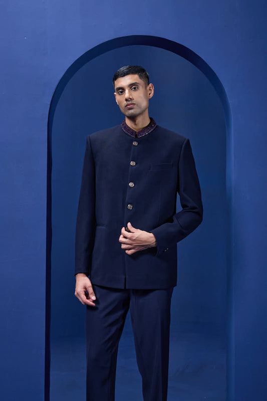 Navy blue bandhgala detailing with golden button, sequins , cutdana and thread work