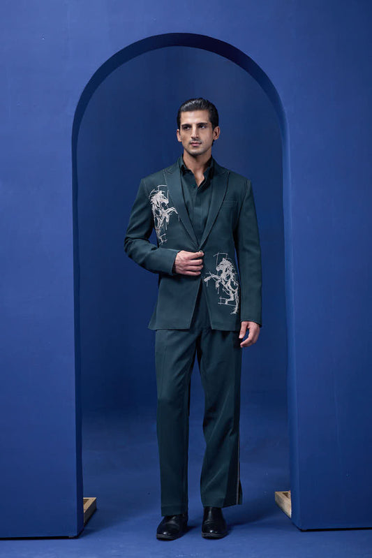 Green blazer detailing with thread work and horse embroidery