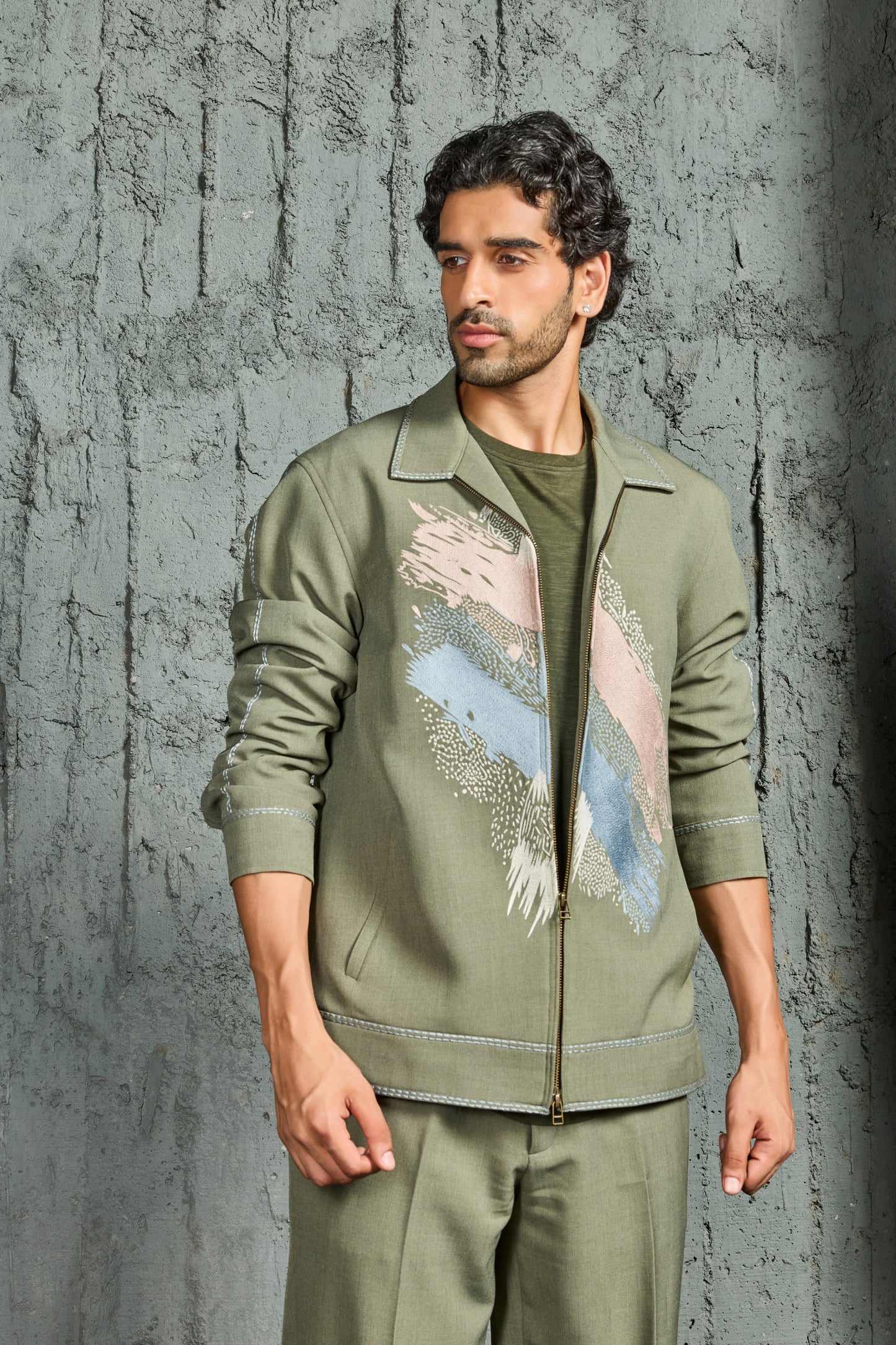Olive Green Paint Strokes Shacket Set