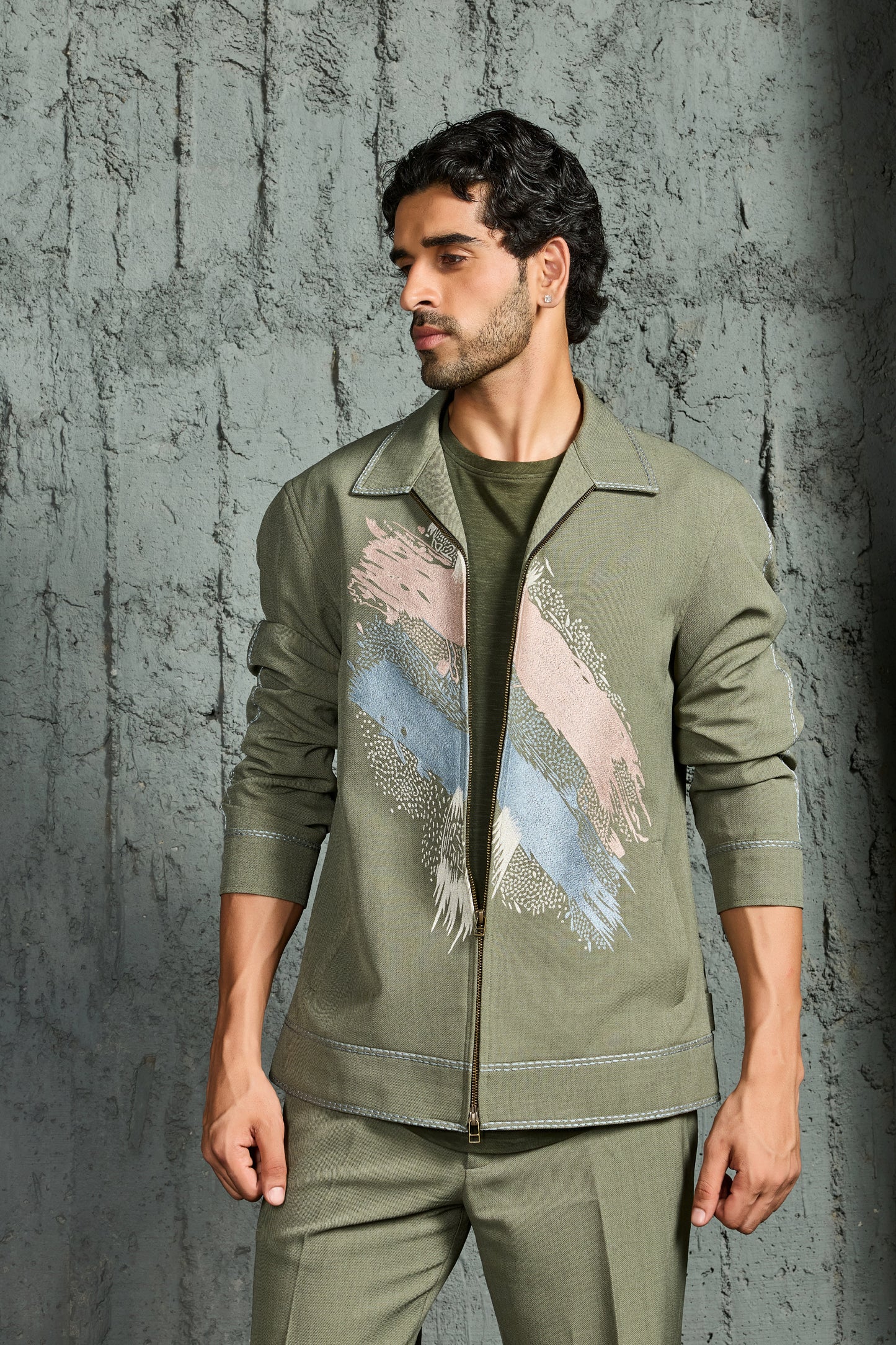 Olive Green Paint Strokes Shacket Set