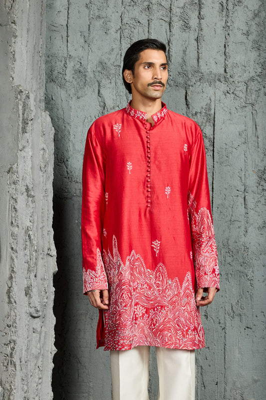 Red Gulrang Ridge Kurta Set