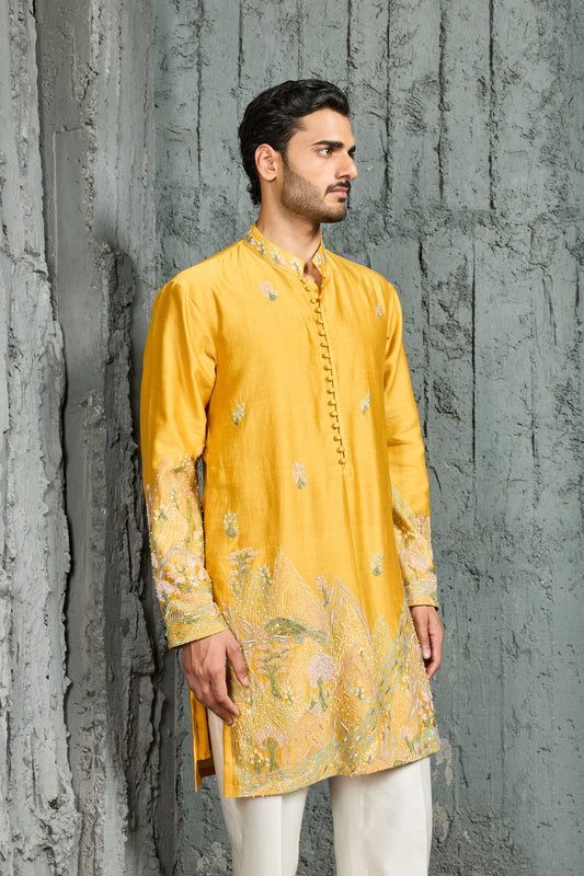 Yellow Gulrang Ridge Kurta Set