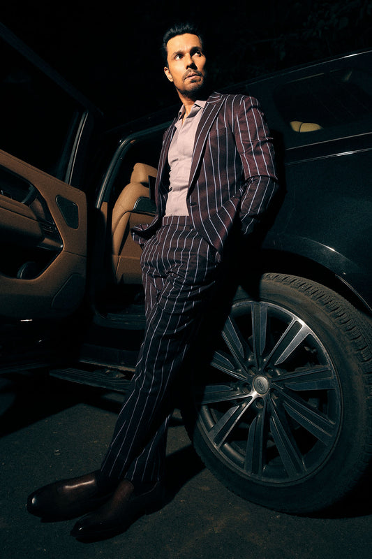 Randeep Hooda in Purple wine striped suit set