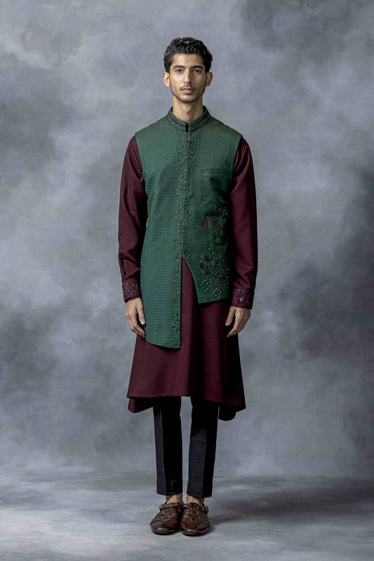 Green And Wine Pearl Work Waistcoat Set