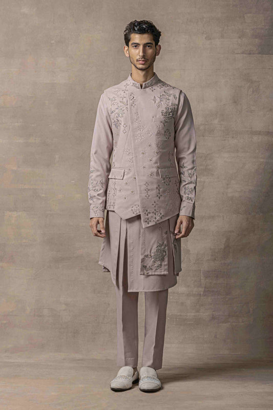 Lavender Waistcoat With Panel Kurta Set