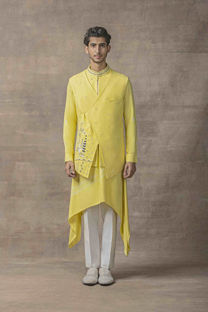 Lemon Waistcoat With Asymmetrical Kurta And Pants