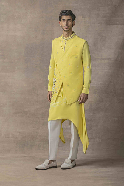 Lemon Waistcoat With Asymmetrical Kurta And Pants