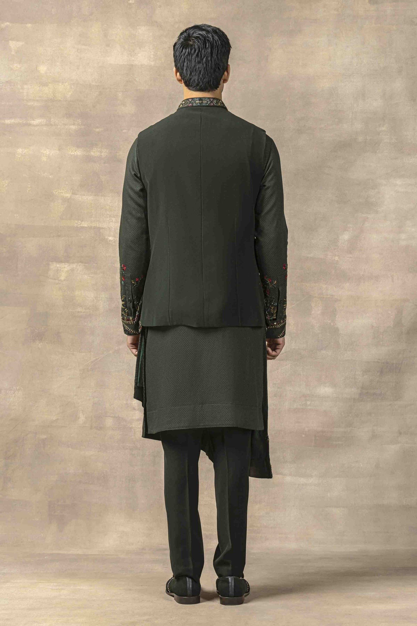 Forest Green Waistcoat With Panel Kurta And Pants