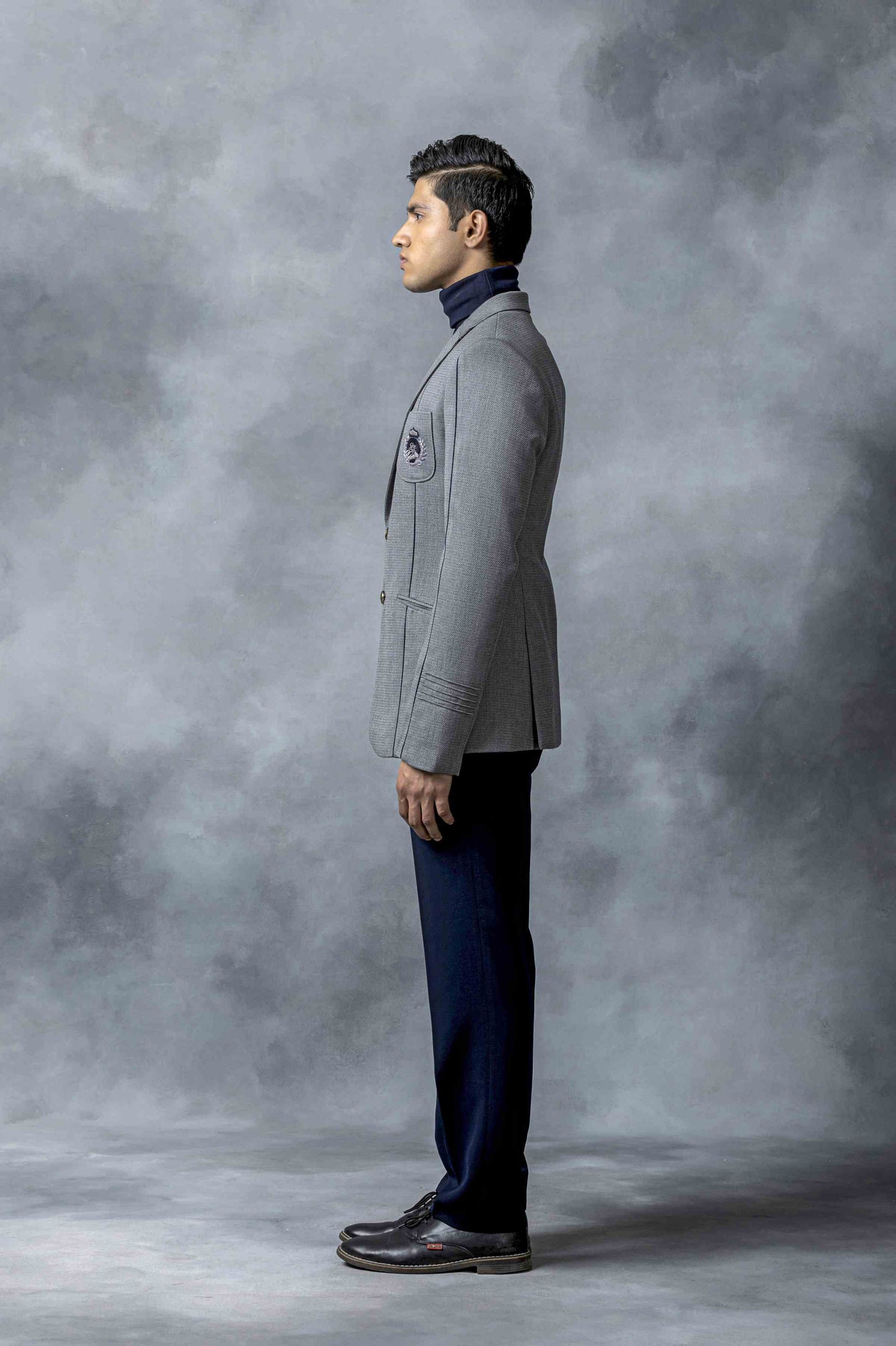 Grey Blazer With Patch Pocket And Navy Piping